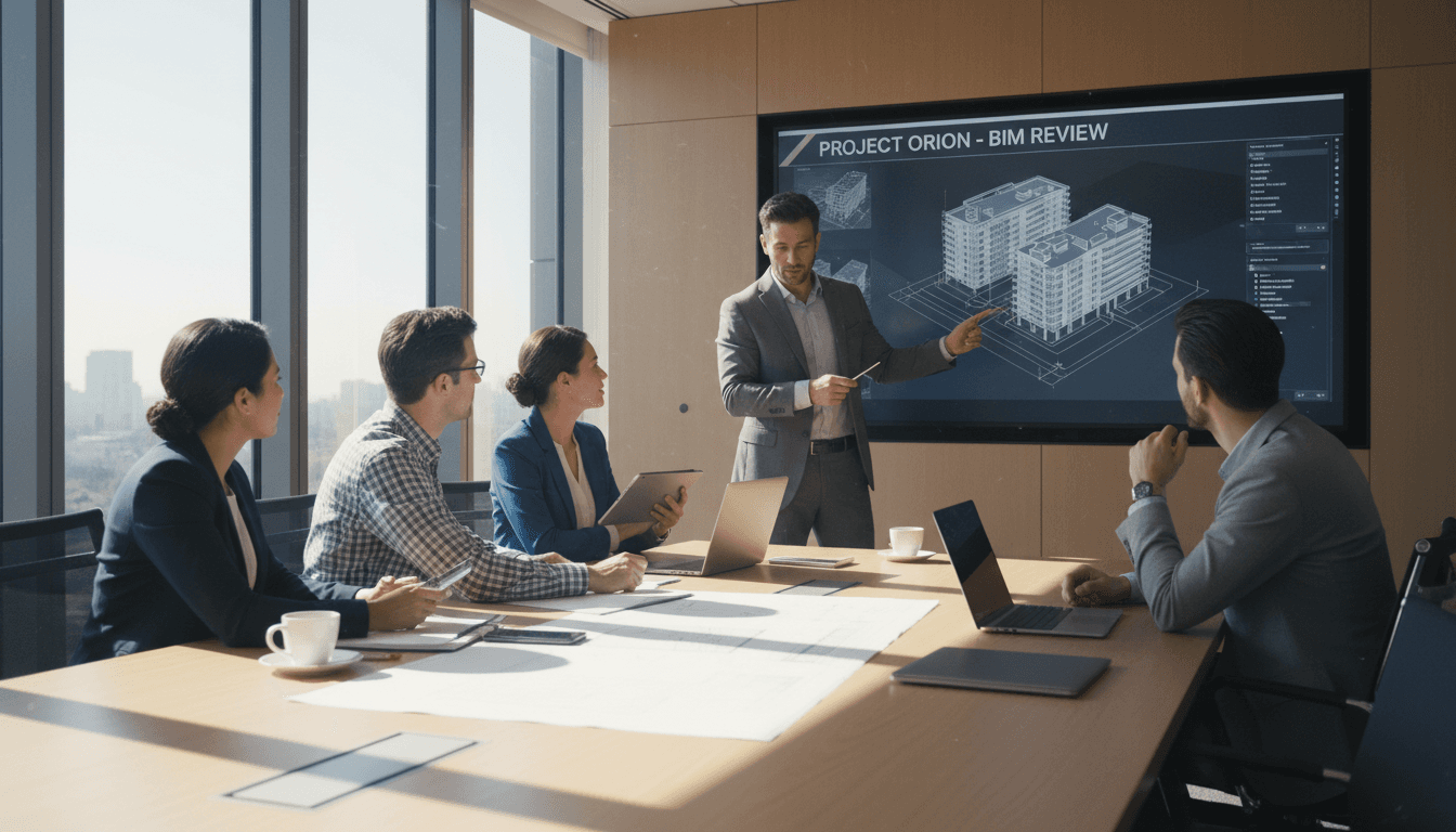 Model N Data team collaborating in a modern meeting room during a BIM strategy session